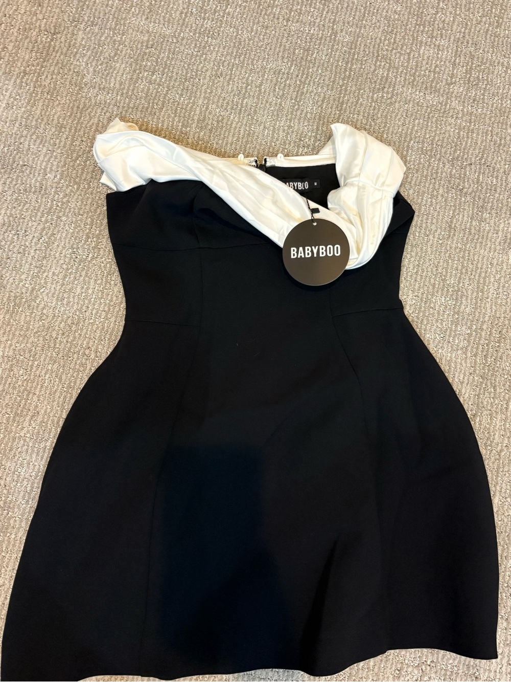 BABYBOO Black Strapless Dress with White Draped Neckline